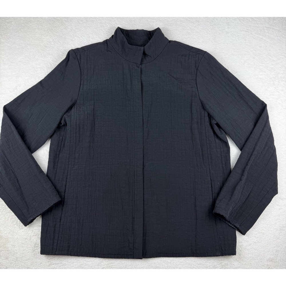 Eileen Fisher Jacket Womens Med Black Textured Zip Front Made in USA Italian